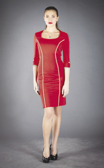 Photo of model wearing red scoop-neck knee length dress with white vertical piping detail.
