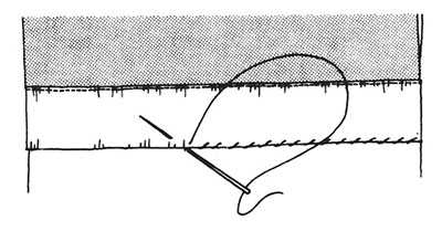 Illustration showing securing the hem with slanted-hemming stitch.