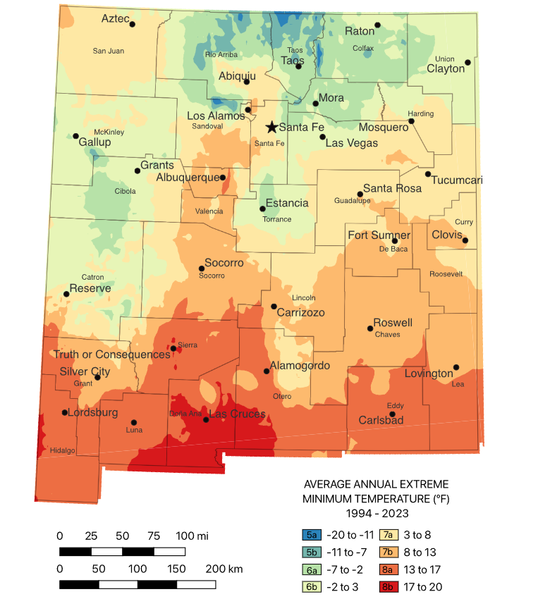 Map of New Mexico shows average annual extreme minimum temperatures from 1994-2023. Colors range from blue (-20°F) in the north to red (20°F) in the south.