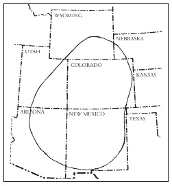 Fig. 2: Map showing area of distribution of 'Bandera' Rocky Mountain penstemon, which roughly encompasses New Mexico, Colorado, southern Wyoming, northeastern Arizona, and eastern Utah. 