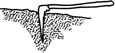 Illustration of a hoe blade deep in the ground. 