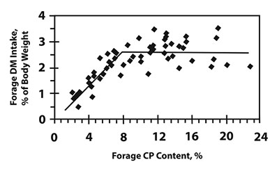 Figure 01: Plot graph of forage dry matter (DM) intake relative to the forage crude protein (CP) content. Forage intake increases until about 12% CP content.