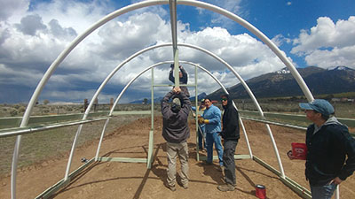 Figure 8: Photograph of people attaching PVC pipe to the top batten board.