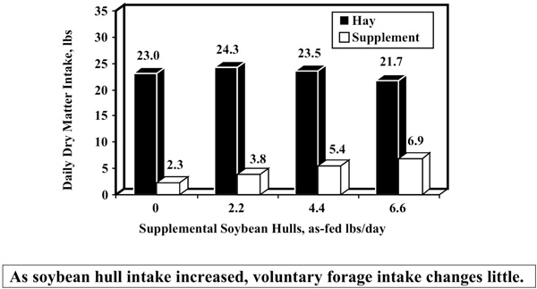 Fig. 3: Bar graph of soybean hull supplementation influence on intake; as soybean hull intake increased; voluntary forage intake changes little.