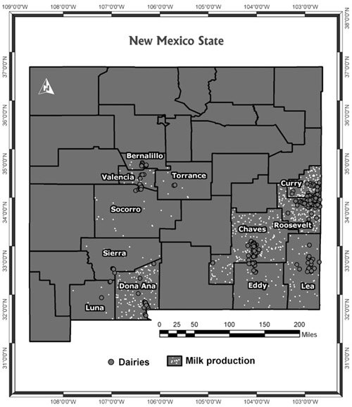 Fig. 4: Map showing distribution of milk production in New Mexico. 
