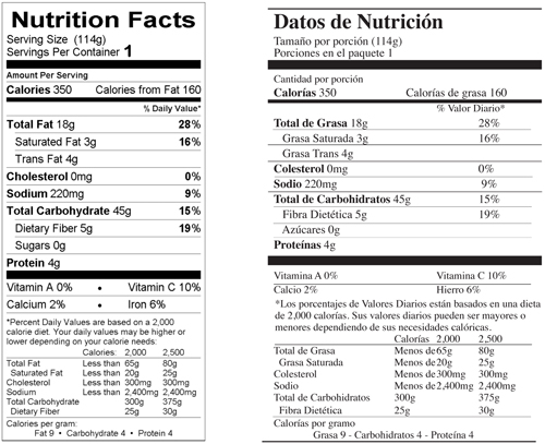 Fig. 1: Etiqueta, en inglés, de Datos de Nutrición de papas a la francesa y traducción al español.