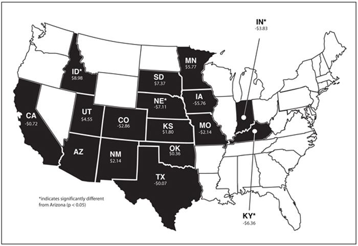 Fig. 2: Map showing marginal effect ($/cwt) of the buyer's destination state for feeder cattle sold through Superior Livestock teleauctions, 2000�2006. 