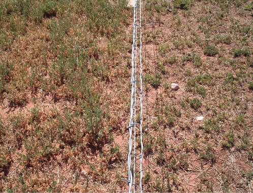 A barbed wire fence running through a patch of arid, uneven land with sparse vegetation on either side.