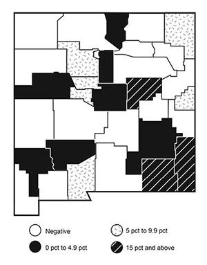 Fig. 04: Map of New Mexico counties showing total full- and part-time employment growth in New Mexico counties, 2010–2018.