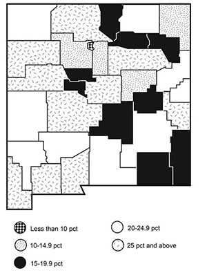 Fig. 09: Map of New Mexico counties showing county-wide distribution of individual poverty rate in New Mexico, 2018.