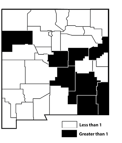 Fig. 01: Map of New Mexico showing counties with retail sales gaps greater than 1 (McKinley, Torrance, Lincoln, Guadalupe, Quay, Chaves, Eddy, and Lea) and counties with retail sales gaps less than 1 (all other counties) in 2015.  
