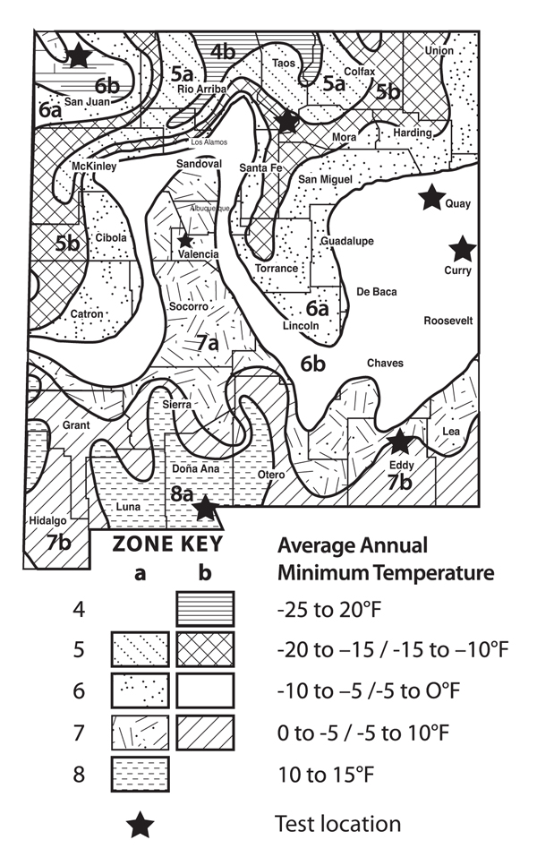 Figure 1. New Mexico plant growth zones as determined by temperature and the locations of current and previous New Mexico Alfalfa Variety Tests.