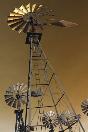 Photo of windmills, a common source of power for off-the-grid water pumping systems.