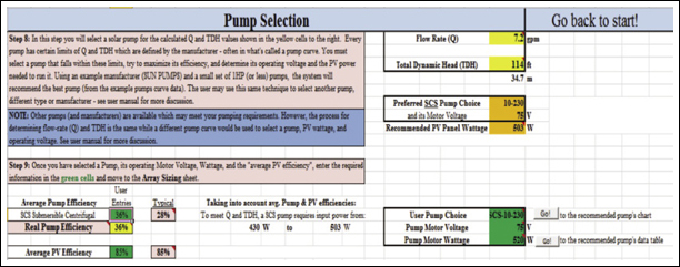 Screenshot of Pump Selection sheet. 