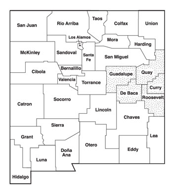 Map of New Mexico with the east central region counties highlighted: Quay, Guadalupe, De Baca, Curry and Roosevelt.