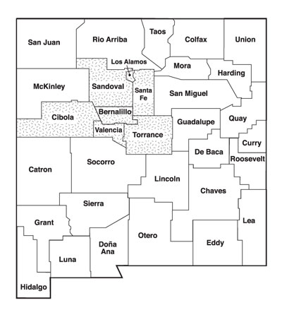 Map of New Mexico with the metro region counties highlighted: Cibola, Sandoval, Bernalillo, Santa Fe, Valencia and Torrance.