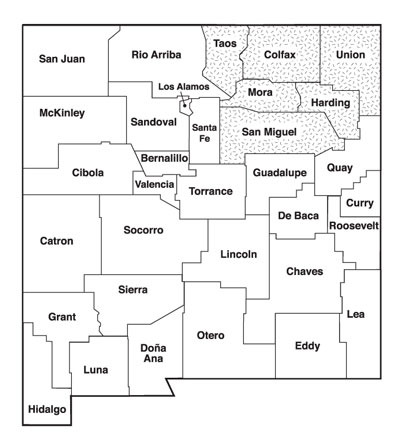 Map of New Mexico with the Northeast region counties highlighted: Taos, Colfax, Union, Mora, Harding, and San Miguel.
