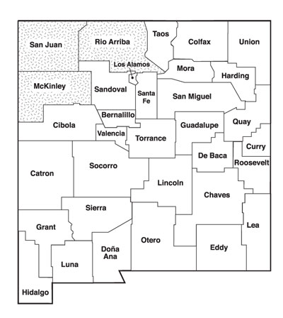 Map of New Mexico with the northwest region counties highlighted: San Juan, Rio Arriba, and McKinley.