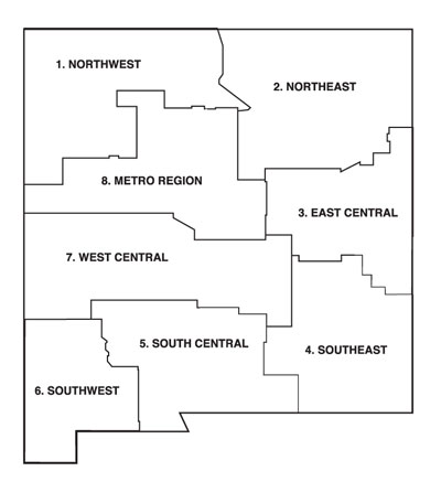 Map of New Mexico divided into eight regions.