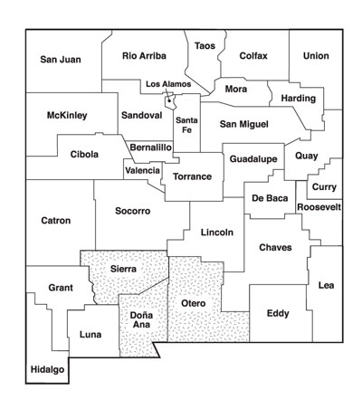 Map of New Mexico with the south central region counties highlighted: Sierra, Dona Ana and Otero.