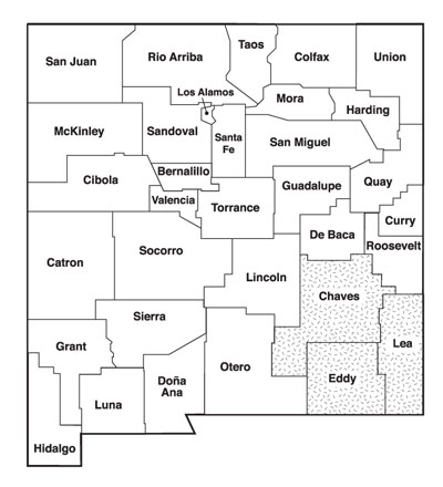 Map of New Mexico with the southwest region counties highlighted: Grant, Hidalgo and Luna. 