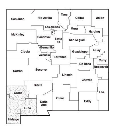 Map of New Mexico with the southeast region counties highlighted: Chaves, Eddy and Lea.