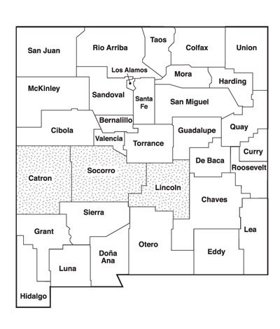 Map of New Mexico with the west central region counties highlighted: Catron, Socorro and Lincoln. 