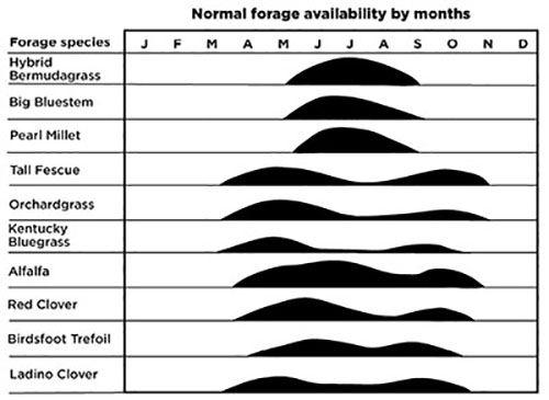 Figure 02: Graph showing seasonal yield distribution of selected forage crop species adapted to New Mexico. Hybrid bermudagrass, big bluestem, and pearl millet produce forage in the summer, while tall fescue, orchardgrass, Kentucky bluegrass, alfalfa, red clover, birdsfoot trefoil, and ladino clover produce forage in spring and fall.