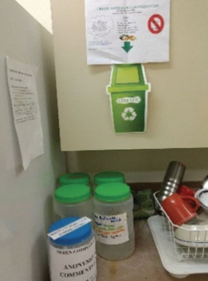 Fig. 03: Photograph of NMSU Skeen Compost Club kitchen materials collection bins and educational signage.