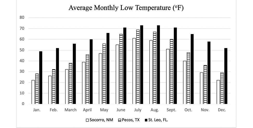 A bar graph displaying the average monthly low temperature (in Fahrenheit) for three locations: Socorro, NM; Pecos, TX; and Saint Leo, FL. The x-axis lists the months of the year, while the y-axis represents temperature. Each bar is pattern-coded  to differentiate between the three locations, with labels indicating the average low temperature for each month. The graph visually illustrates temperature trends, allowing for easy comparison of low temperatures across the 3 regions throughout the year.