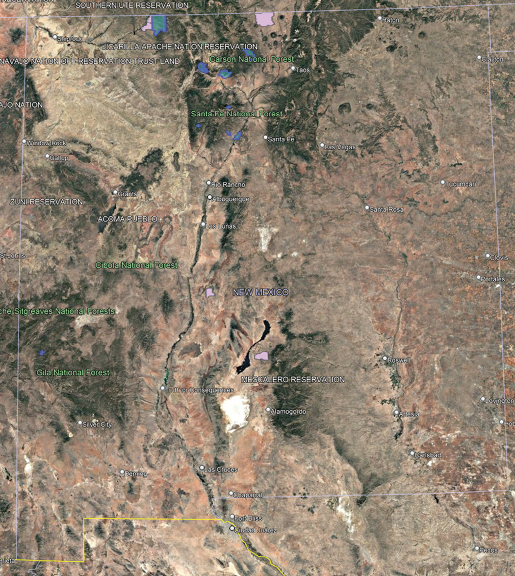 Satellite map of New Mexico showing herd management areas in pink and wild horse territories in blue.
