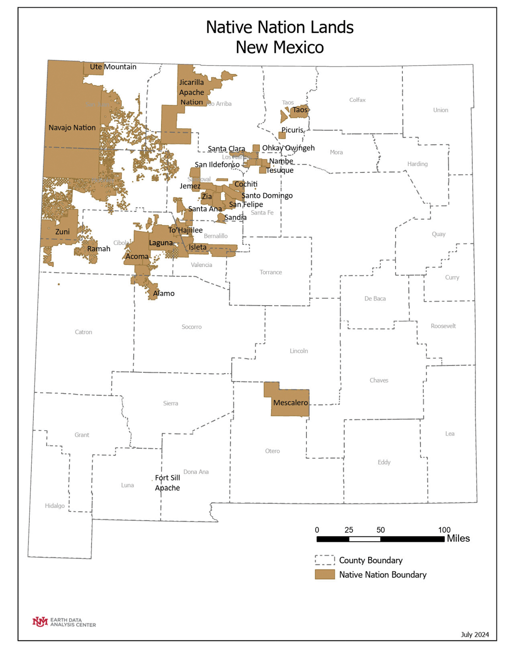 Map of New Mexico highlighting Native Nation lands and Pueblo communities in brown, with county boundaries shown.