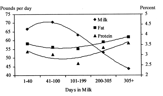 The concentration of milk fat and protein is highest in early and late lactation and lowest during peak milk production through mid-lactation