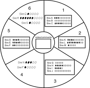 Diagram of a semen inventory wheel made from Plexiglas or laminated cardboard. Sire number can be written on adhesive labels and attached to the wheel or written directly on the wheel with erasable markers. Circles represent straws of semen and can be darkened after each straw is used (adapted from Senger, 1992).