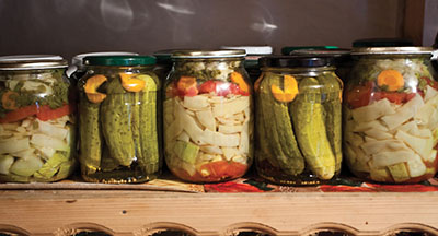 Photograph of jars of pickles on a shelf.