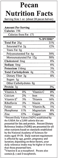 Nutrition facts label for one serving of pecans.