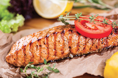 Photograph of a cooked piece of salmon.