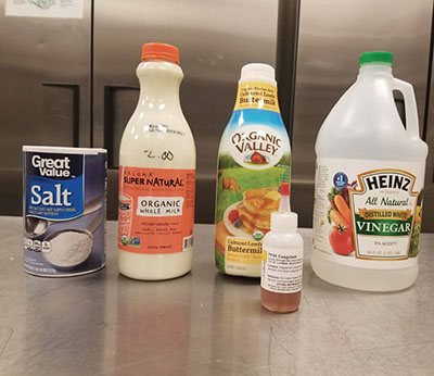 Fig. 05: Photograph of packaged table salt, whole milk, buttermilk, white vinegar, liquid rennet.