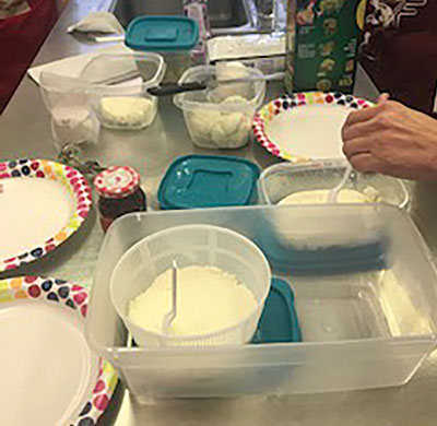 Fig. 07A: Photograph of feta cheese in molds in plastic containers draining whey.