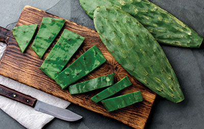Fig. 08: Photograph of nopales and a knife on a cutting board.