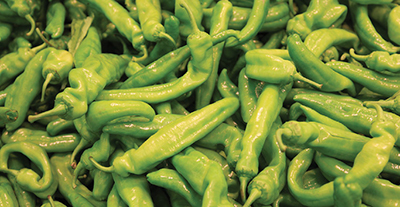 Photograph of green chile peppers.