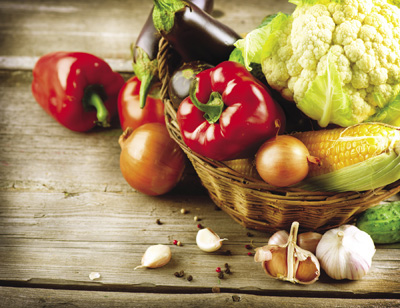 Photo of a basket of assorted vegetables.