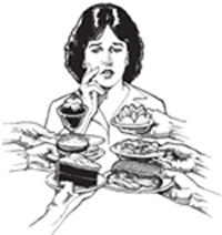 Fig. 3: Clipart graphic of a woman troubled by the variety of deserts being presented to her. 