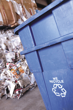 Photograph of a recycling bin and recyclables. 