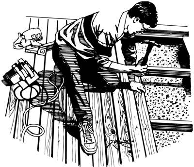 Illustration of a person constructing a deck. 