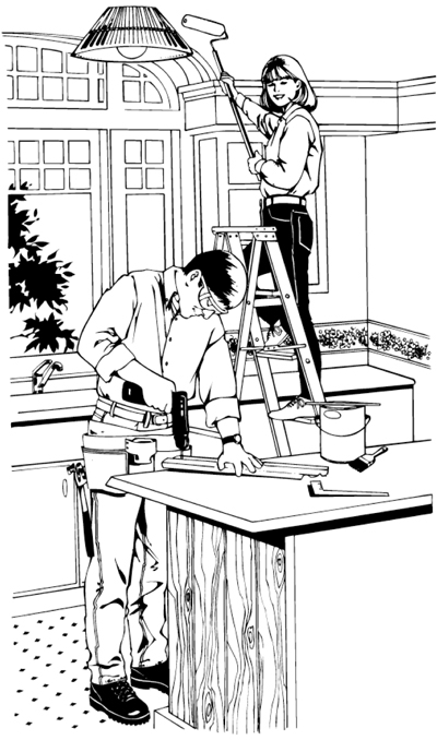 Illustration of two people making improvements to a kitchen. 