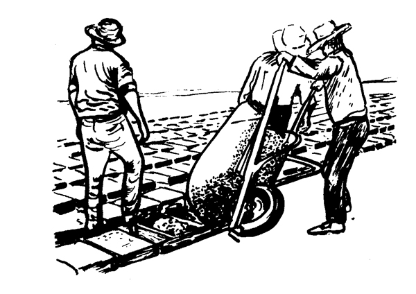 Figure 3. Illustration of workers dumping soil from wheelbarrow into forms. 