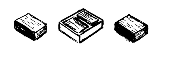 Figure 4. Illustration of two adobe bricks in forms and two adobe bricks removed from forms. 