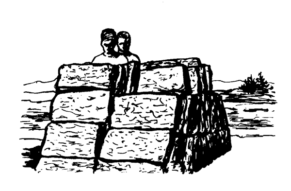 Figure 5. Illustration of a stack of partially cured adobes, with two people standing behind them.  