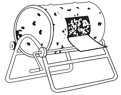 Illustration of a rotating barrel composter